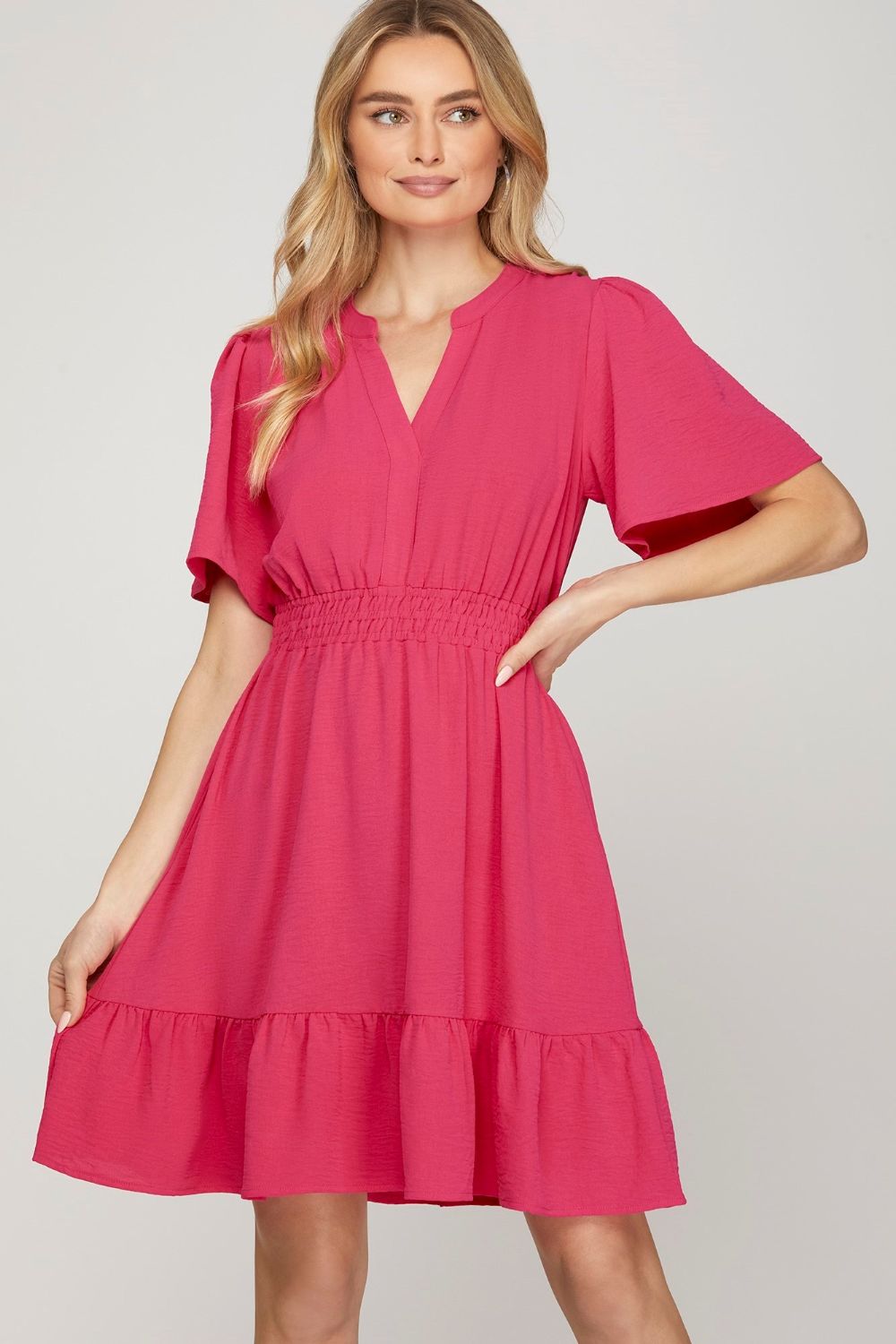 She + Sky Ruffled Hem Notched Flutter Sleeve Mini Dress Strawberry Mini Dresses