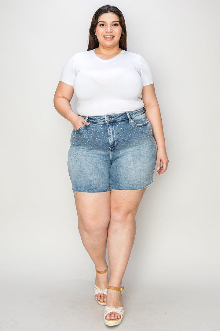 Judy Blue Full Size High Waist Rhinestone Decor Denim Shorts Light Shorts