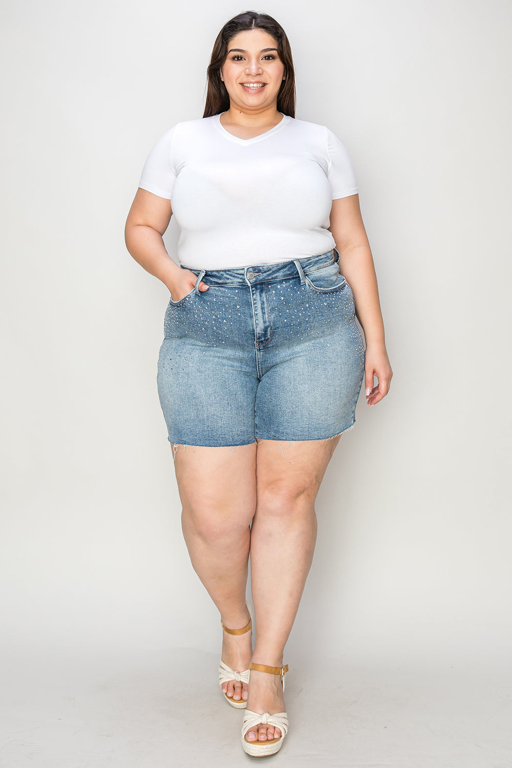 Judy Blue Full Size High Waist Rhinestone Decor Denim Shorts Shorts