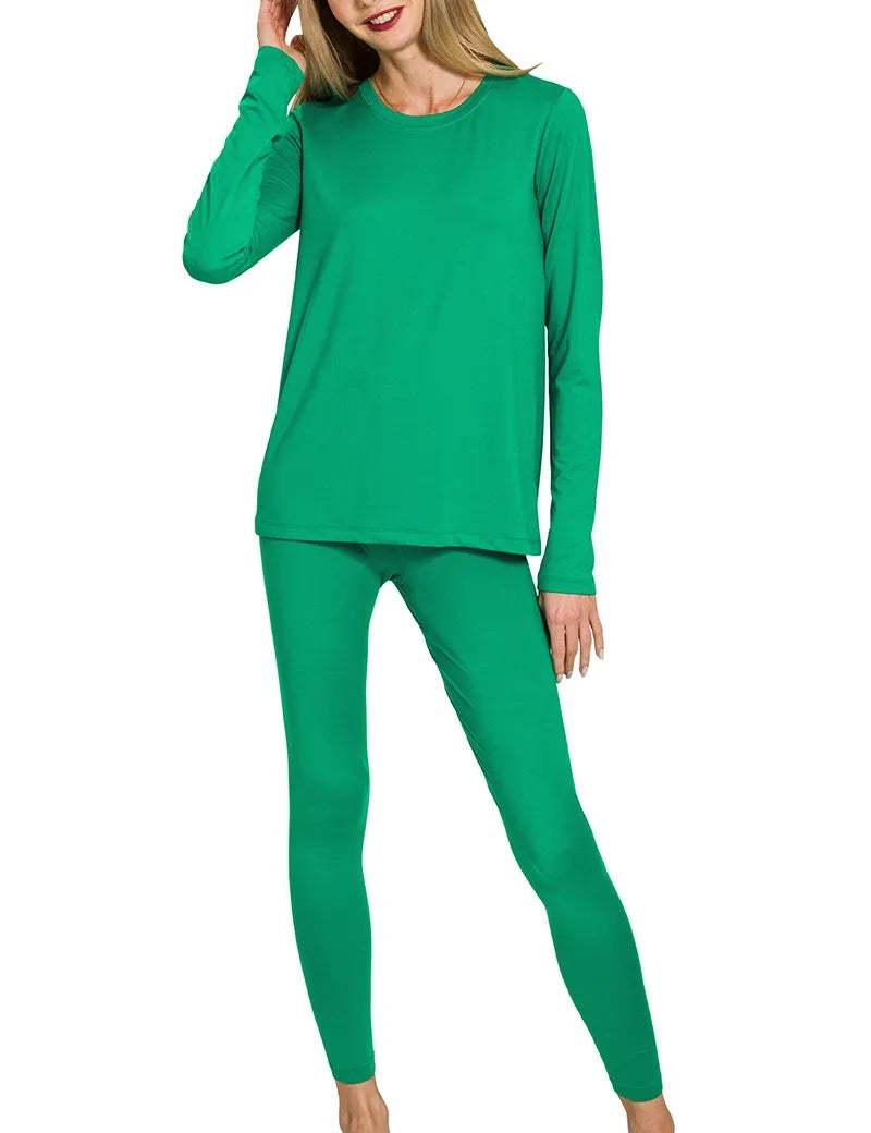 K GREEN Zenana Microfiber Round Neck Top and Leggings Set | Loungewear Sets Daverri Fashions