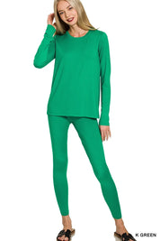 K GREEN Zenana Microfiber Round Neck Top and Leggings Set | Loungewear Sets Daverri Fashions
