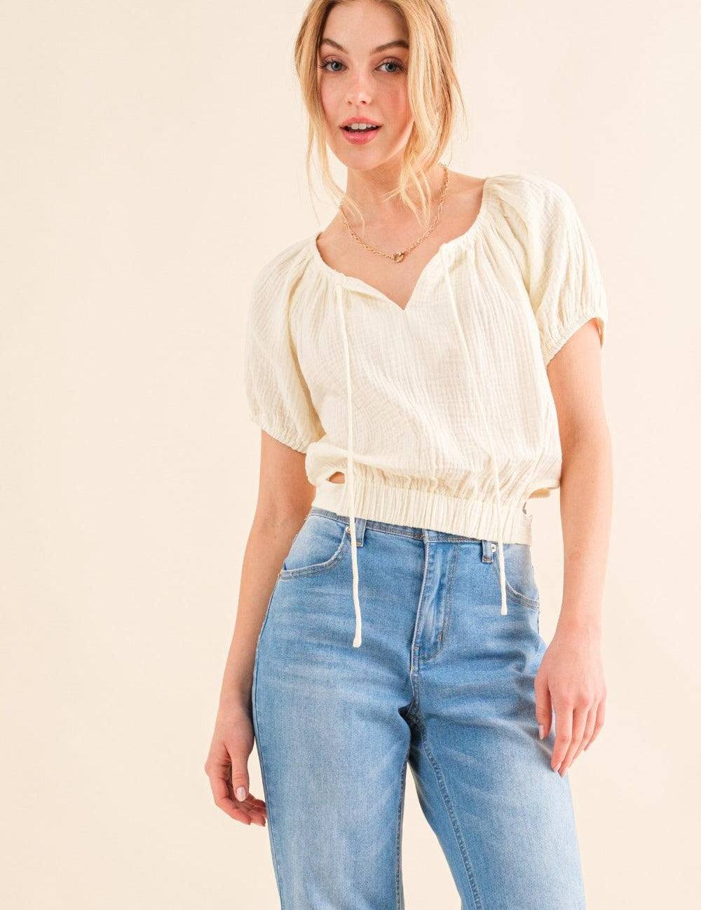 Cream XL And The Why Back Waist Tie Cropped Blouse | Daverri Fashions