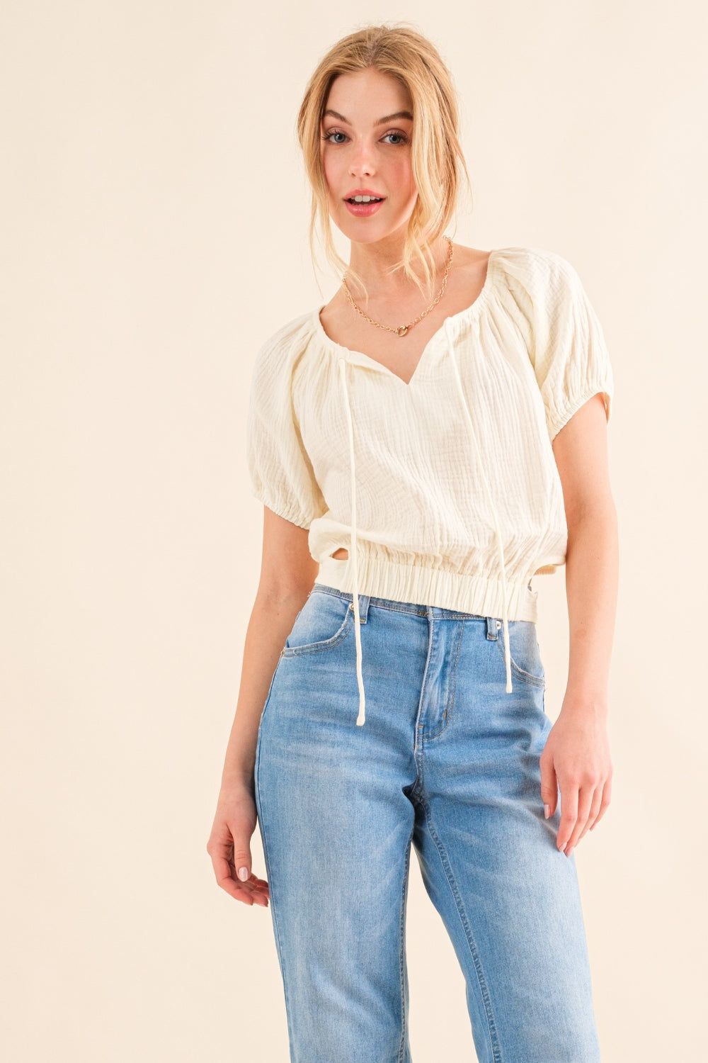 And The Why Back Waist Tie Cropped Blouse Cream