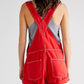 Daverri wide strap square neck denim shortalls in red with white stitching and rolled cuffs