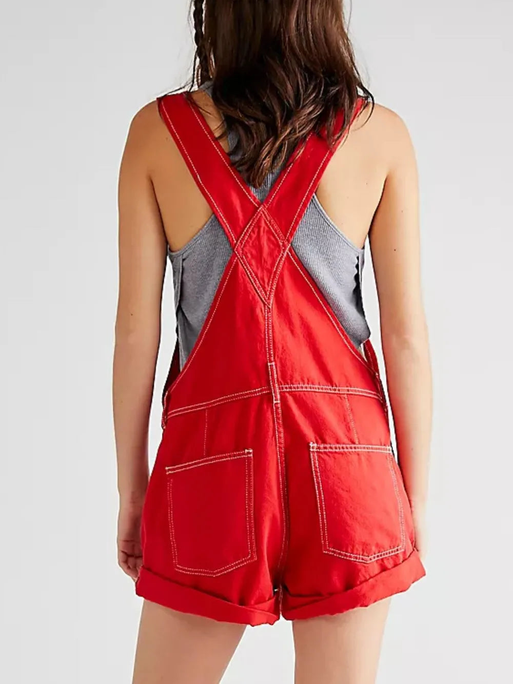 Daverri wide strap square neck denim shortalls in red with white stitching and rolled cuffs