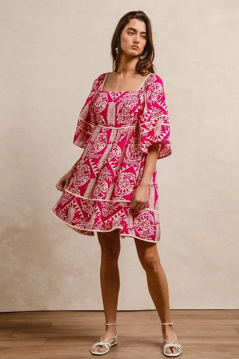 BiBi Aztec Woven Printed Contrast Binding Dress - DAVERRI FASHIONS