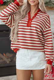 Striped Buttoned V Neck Collared Drop Shoulder Top | Tops/Long Sleeve Tops Daverri Fashions