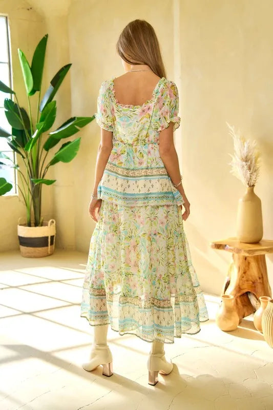 Davi & Dani spring floral border print ruffled textured top in pastel hues