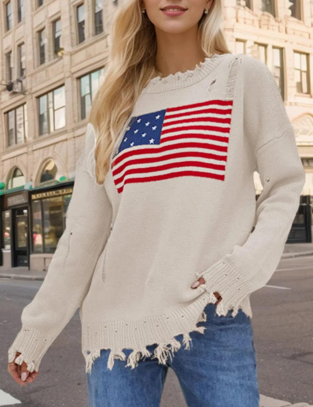 US Flag Distressed Round Neck Long Sleeve Sweater | Sweaters Daverri Fashions