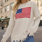 US Flag Distressed Round Neck Long Sleeve Sweater - DAVERRI FASHIONS