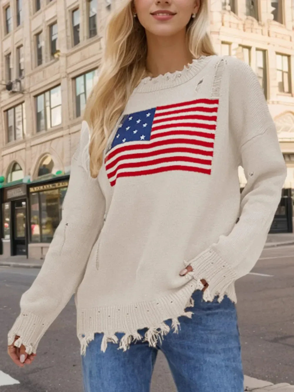US Flag Distressed Round Neck Long Sleeve Sweater - DAVERRI FASHIONS