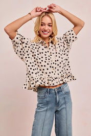 BiBi Polka Dot Printed Peplum Top with Front Button | Blouses Daverri Fashions