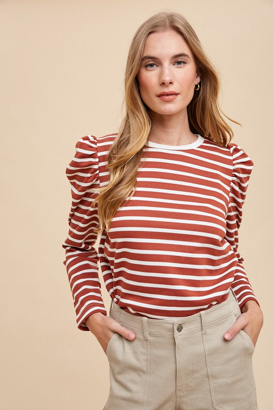 Annie Wear Striped Round Neck Puff Sleeve French Terry Top Tops