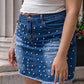 Plus size pearl embellished blue denim mini skirt with frayed hem