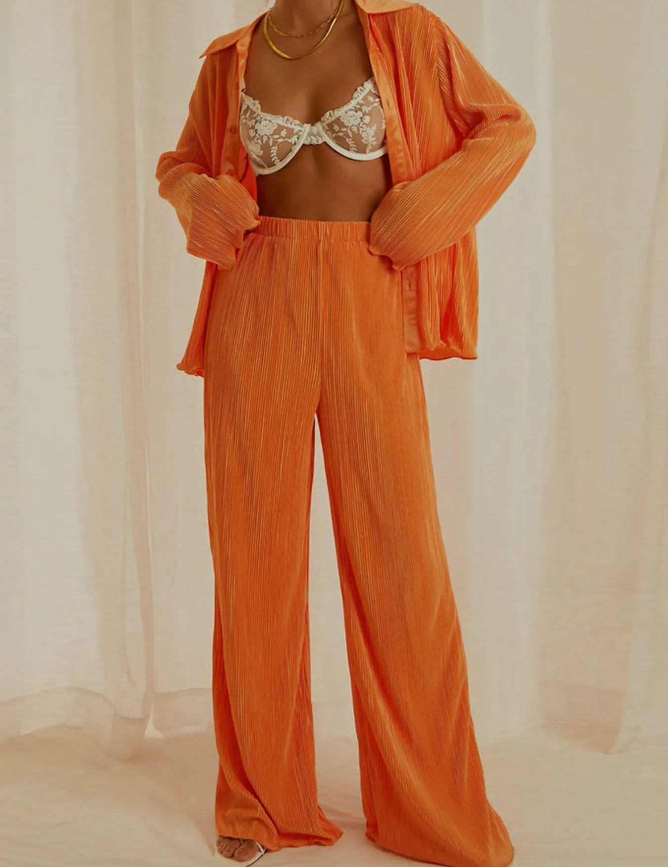 Orange Button Up Long Sleeve Top and Pants Set | Loungewear Sets Daverri Fashions