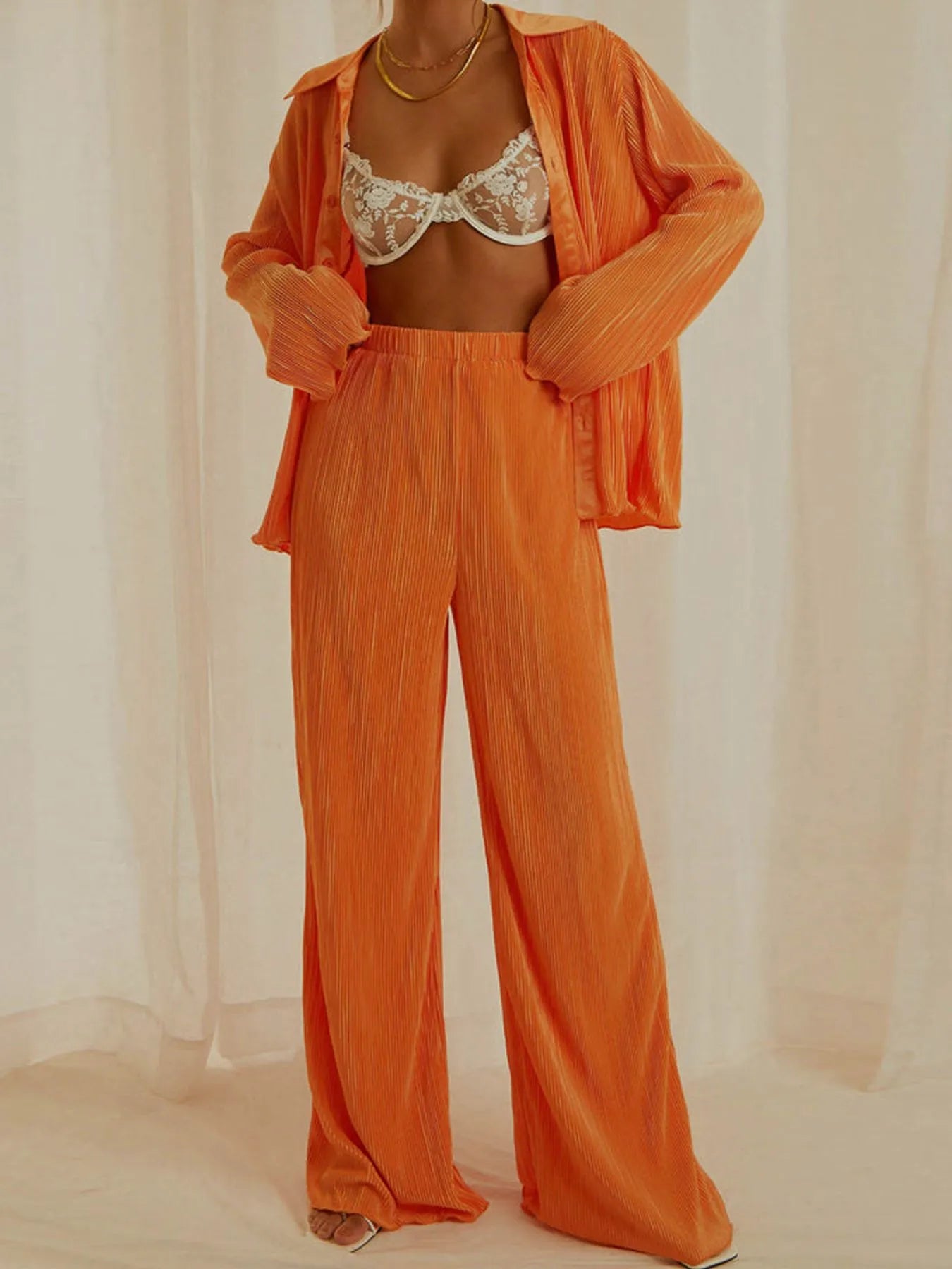 Orange Button Up Long Sleeve Top and Pants Set | Loungewear Sets Daverri Fashions