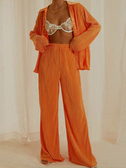 Orange Button Up Long Sleeve Top and Pants Set | Loungewear Sets Daverri Fashions