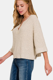 Zenana Notched Side Slit Patch Sweater | Daverri Fashions