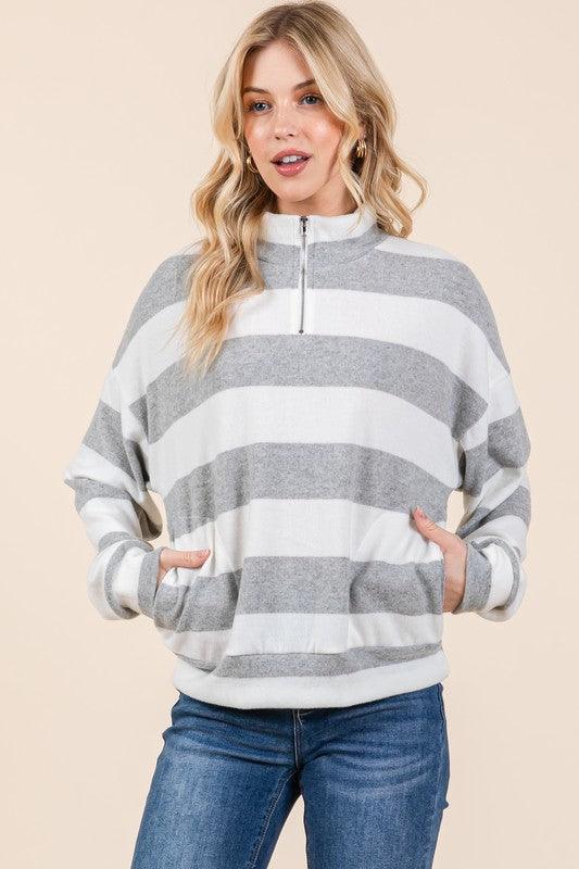 BOMBOM Striped Quarter Zip Drop Shoulder Sweatshirt Light Gray