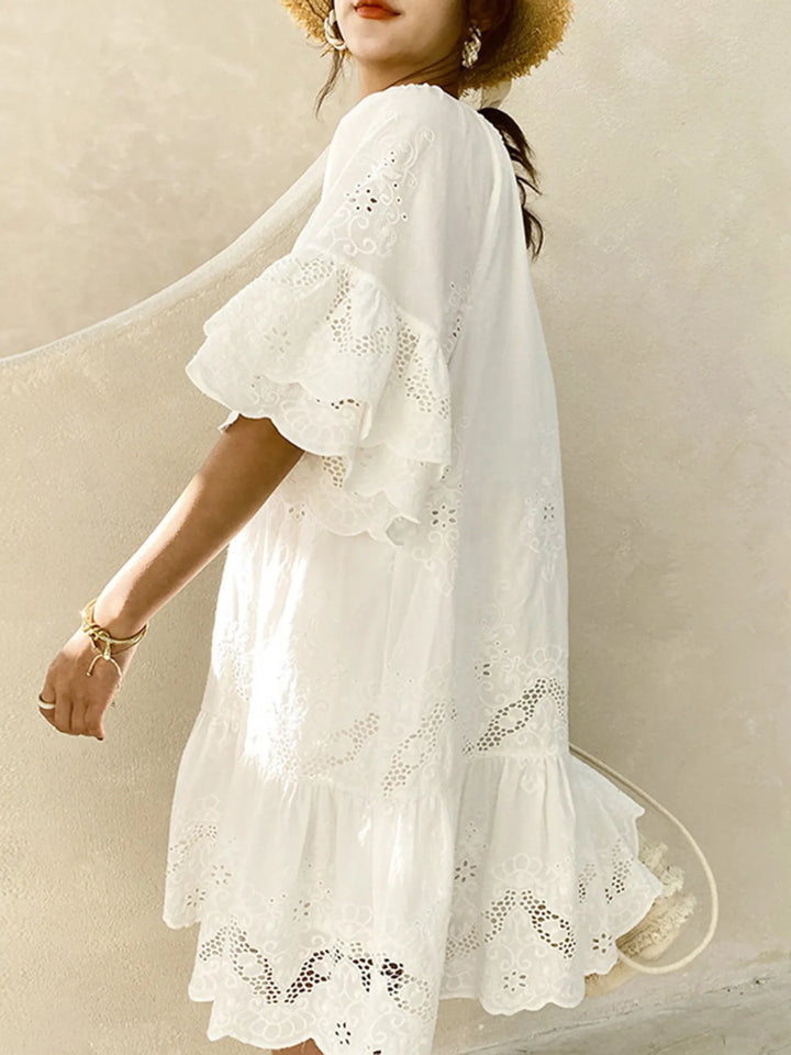 Eyelet Embroidered Tassel Tie Neck Dress | Mini Dresses Daverri Fashions