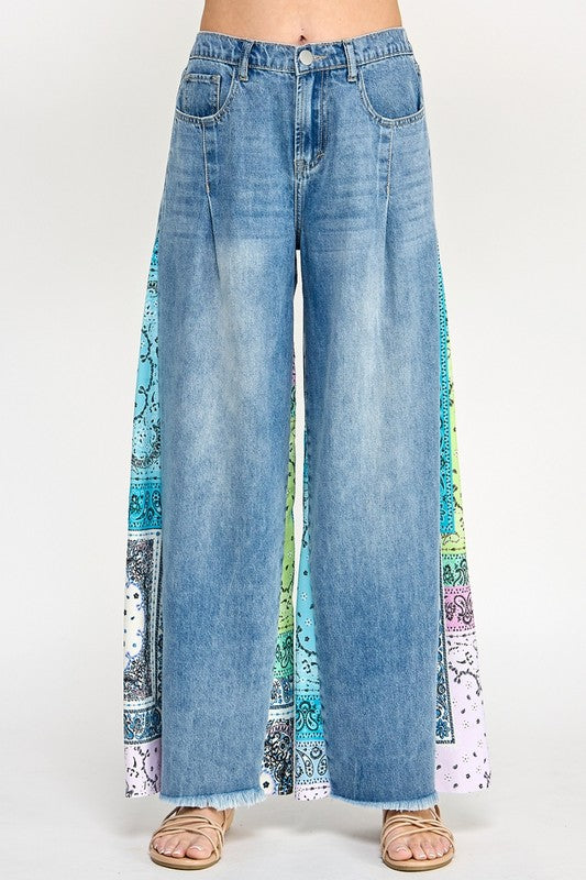 SAGE + FIG Raw Hem Paisley Print Side Wide Leg Jeans Jeans