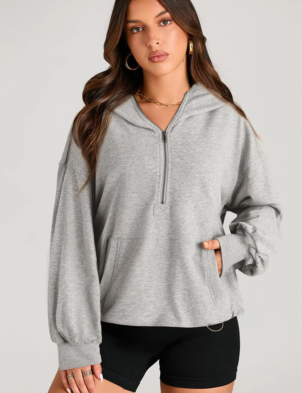 Gray Pocketed Half Zip Long Sleeve Hoodie | Hoodies Daverri Fashions