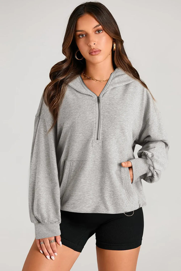 Gray Pocketed Half Zip Long Sleeve Hoodie | Hoodies Daverri Fashions