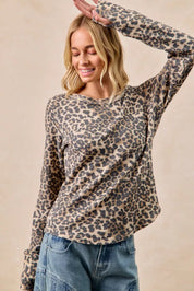 BiBi Leopard Print Washed Waffle Thermal Top with Thumb | Knit Tops Daverri Fashions