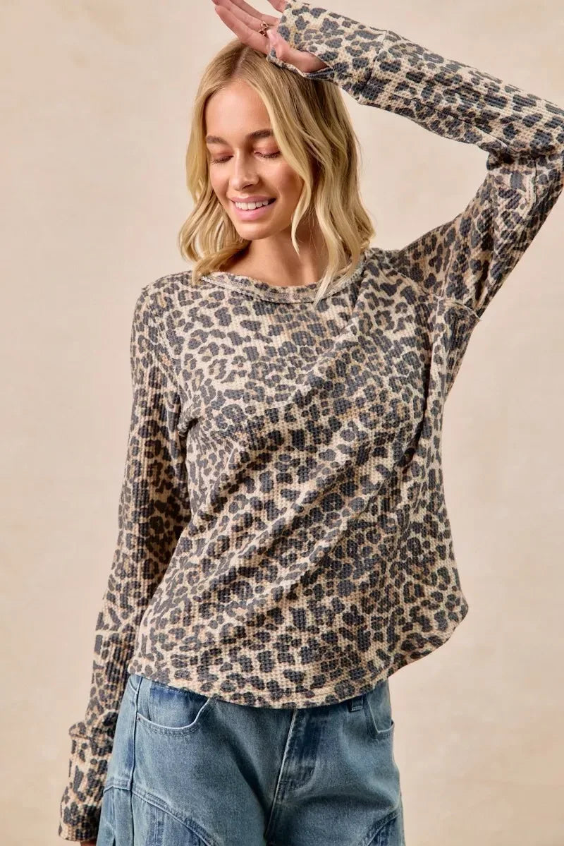 BiBi Leopard Print Washed Waffle Thermal Top with Thumb - DAVERRI FASHIONS