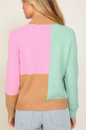 Color-blocked mock neck sweater in pink, green, and beige