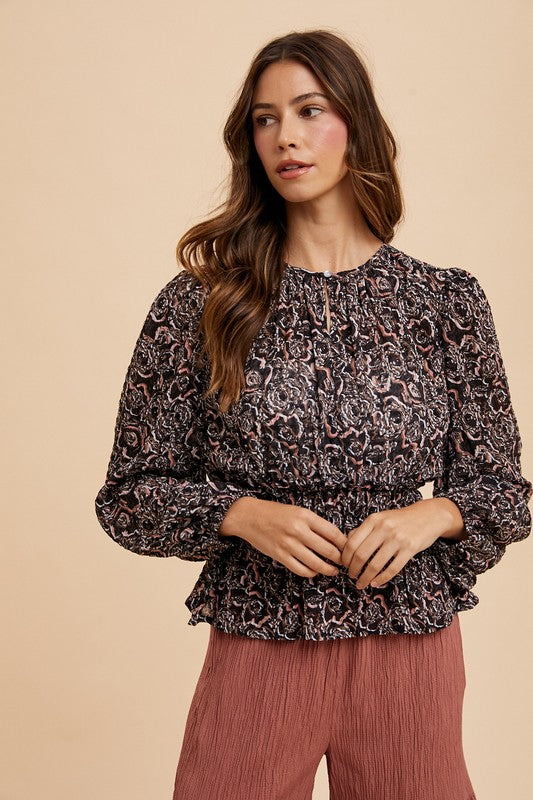 Annie Wear Abstract Print Balloon Sleeve Peplum Blouse Tops