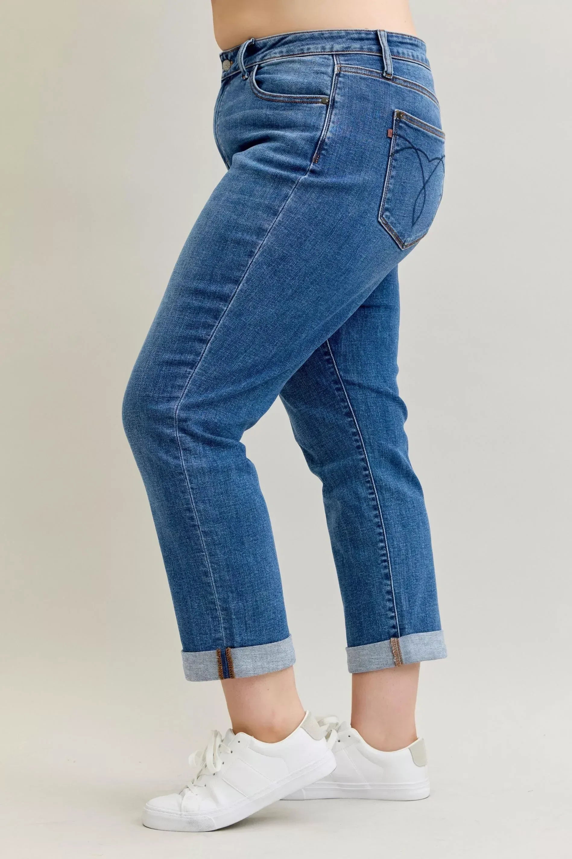 Judy Blue Full Size Mid Rise BF Classic Cuffed Jeans Plus Size - DAVERRI FASHIONS