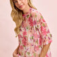 BiBi Floral Print Short Sleeves Boxy Mesh Top in pink with ruffles