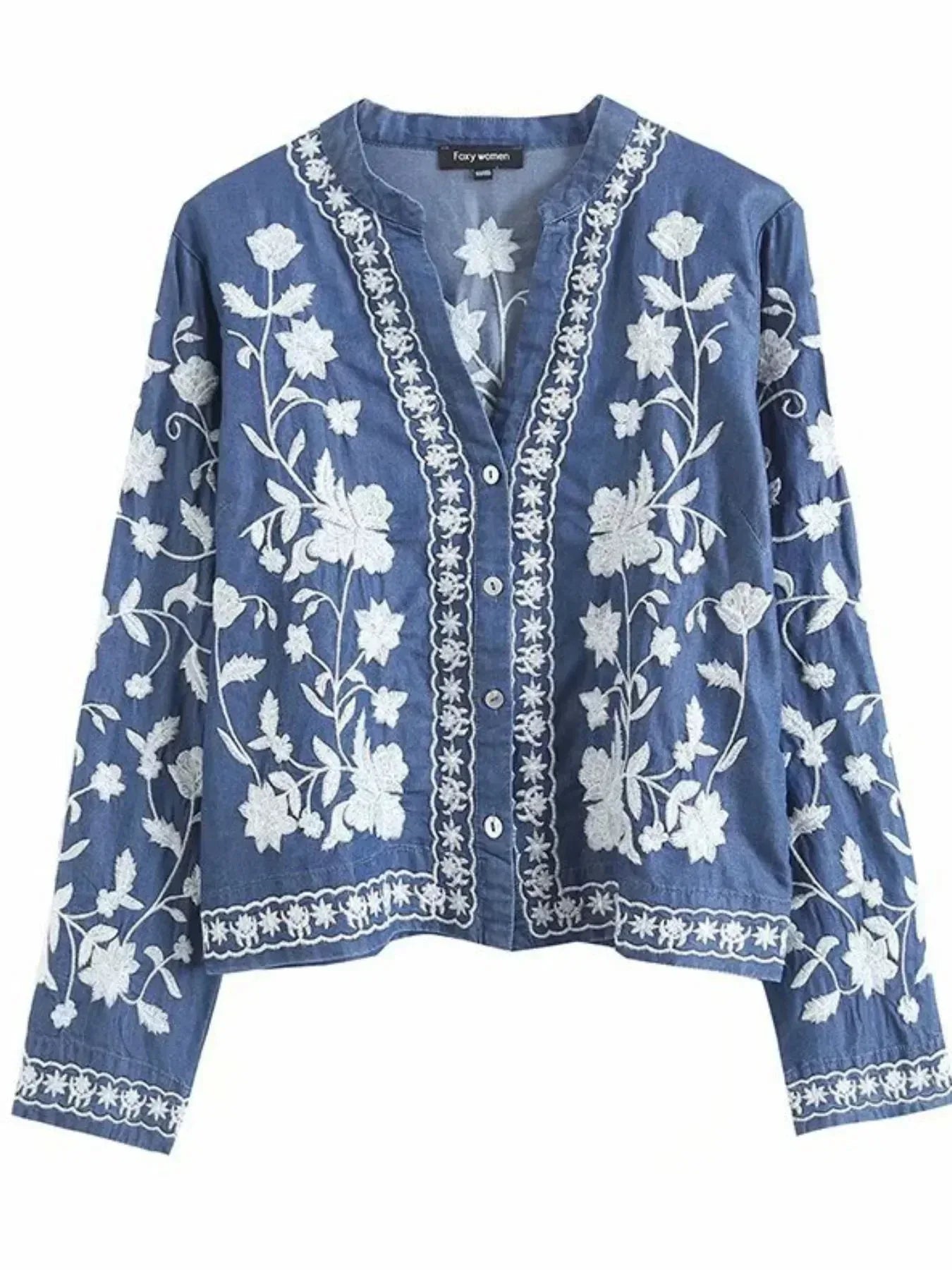 Floral Embroidered Button Up Denim Shirt - DAVERRI FASHIONS