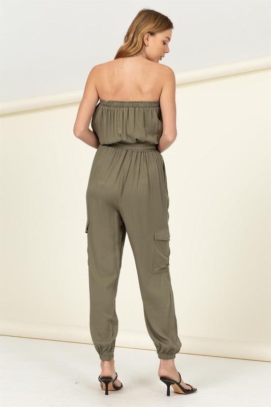 Flap Side Pockets Belted Tube Jumpsuit Jumpsuits