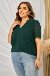 Plus Size Swiss Dot Spliced Lace V-Neck Blouse | Blouses Daverri Fashions