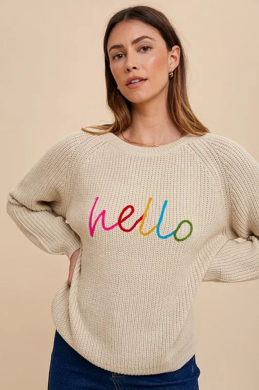 Annie Wear HELLO Embroidered Raglan Sleeve Sweater Sweaters