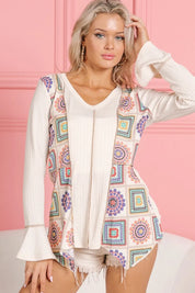 BiBi Granny Square Print Contrast Annie Rib V Neck Top | Tops Daverri Fashions