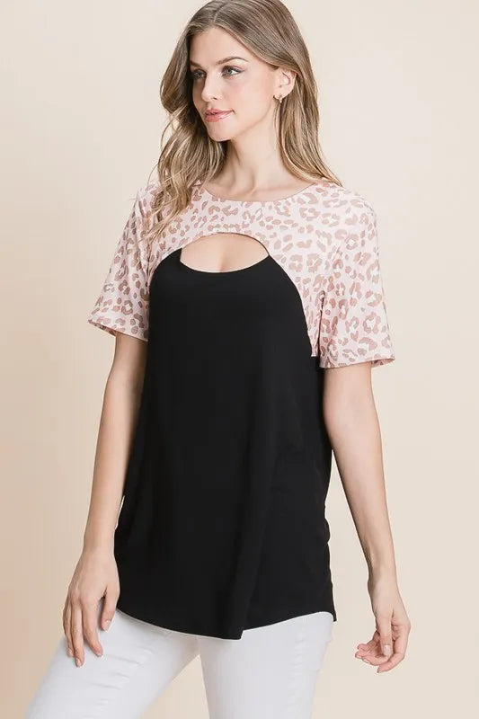 BOMBOM Chic Leopard Contrast Cutout Top