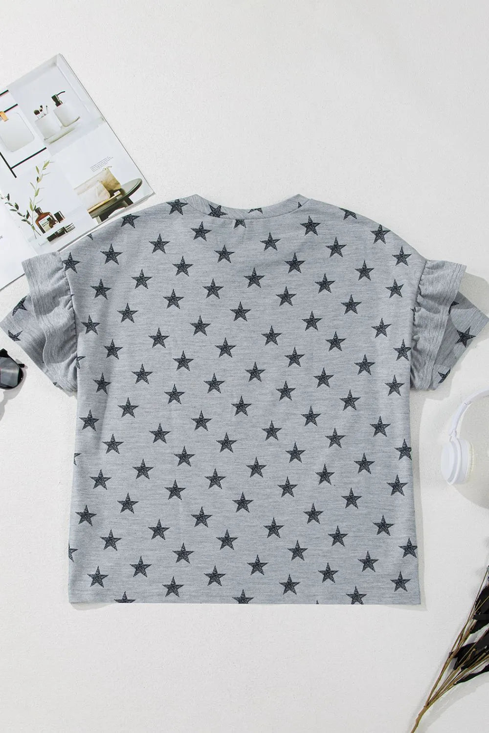 Gray star print tiered ruffled sleeve crew neck t-shirt