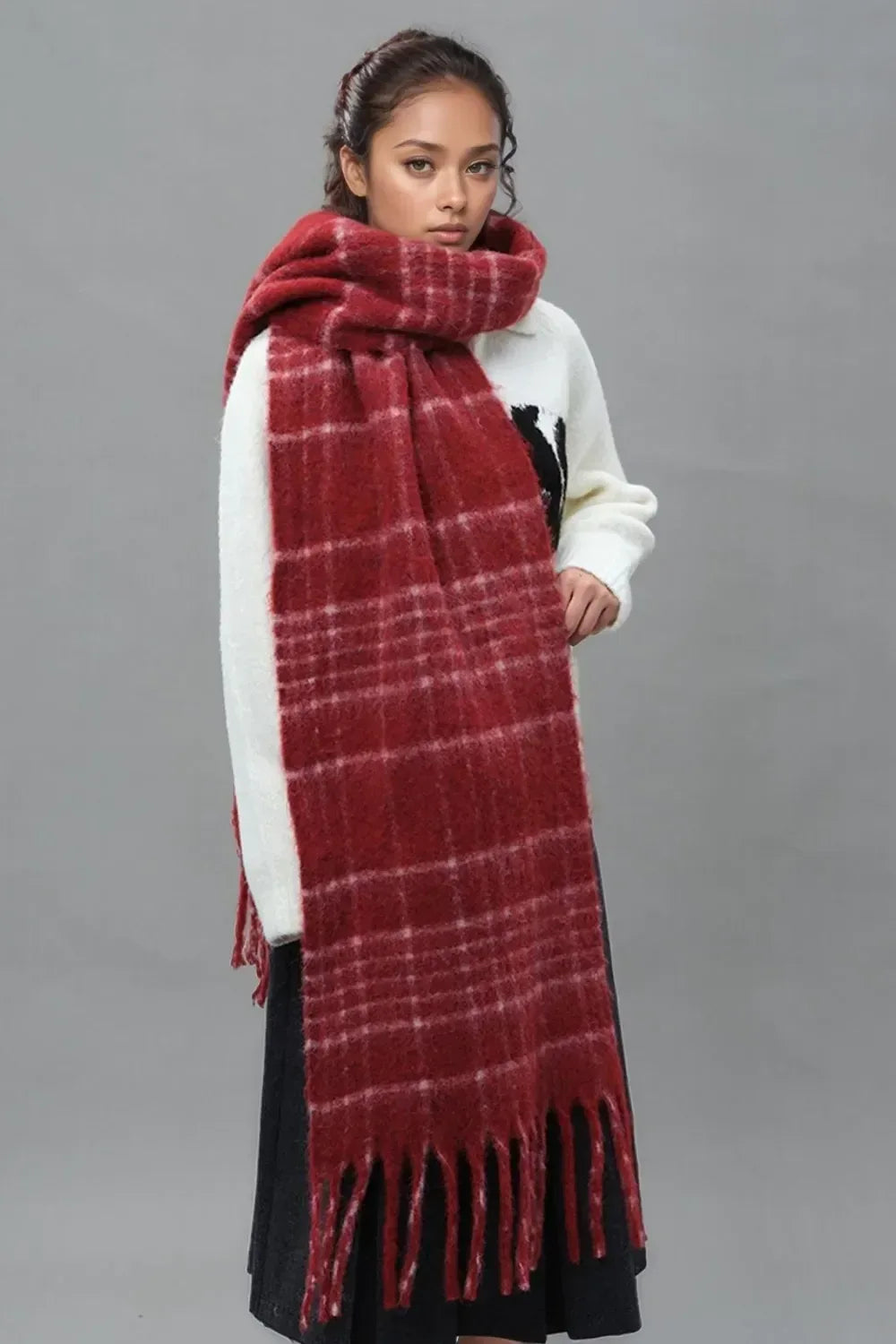Fringe Plaid Thermal Scarf - DAVERRI FASHIONS