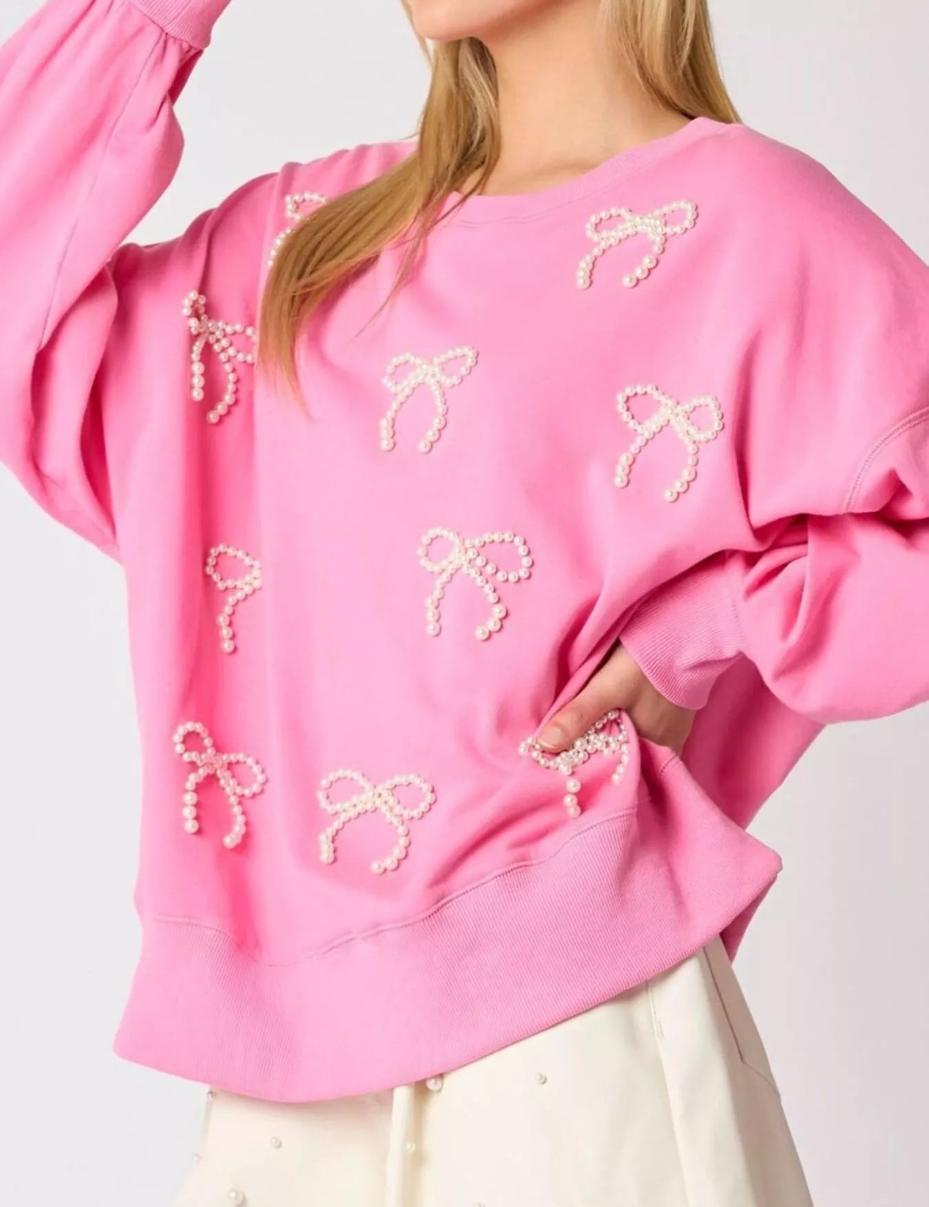 Pink Pearl Embellished Bow Long Sleeve Sweatshirt | Sweatshirts Daverri Fashions