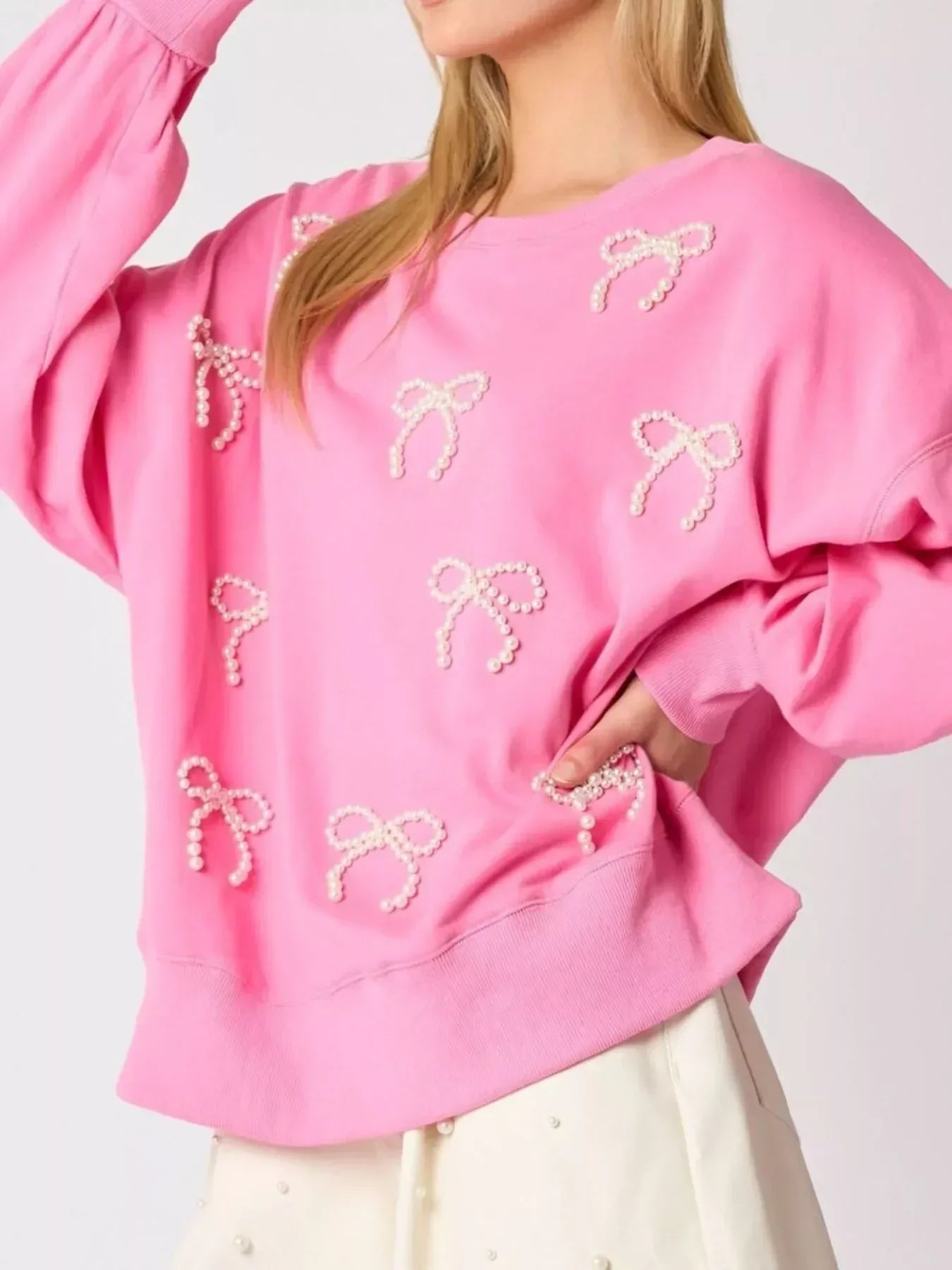 Pearl Embellished Bow Long Sleeve Sweatshirt - DAVERRI FASHIONS