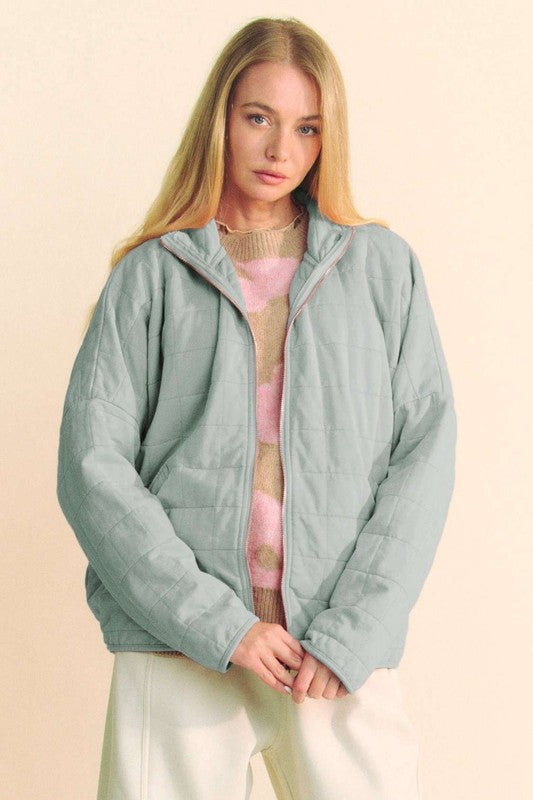 Davi & Dani Quilted Zip Up Dropped Shoulder Jacket GREY BLUE