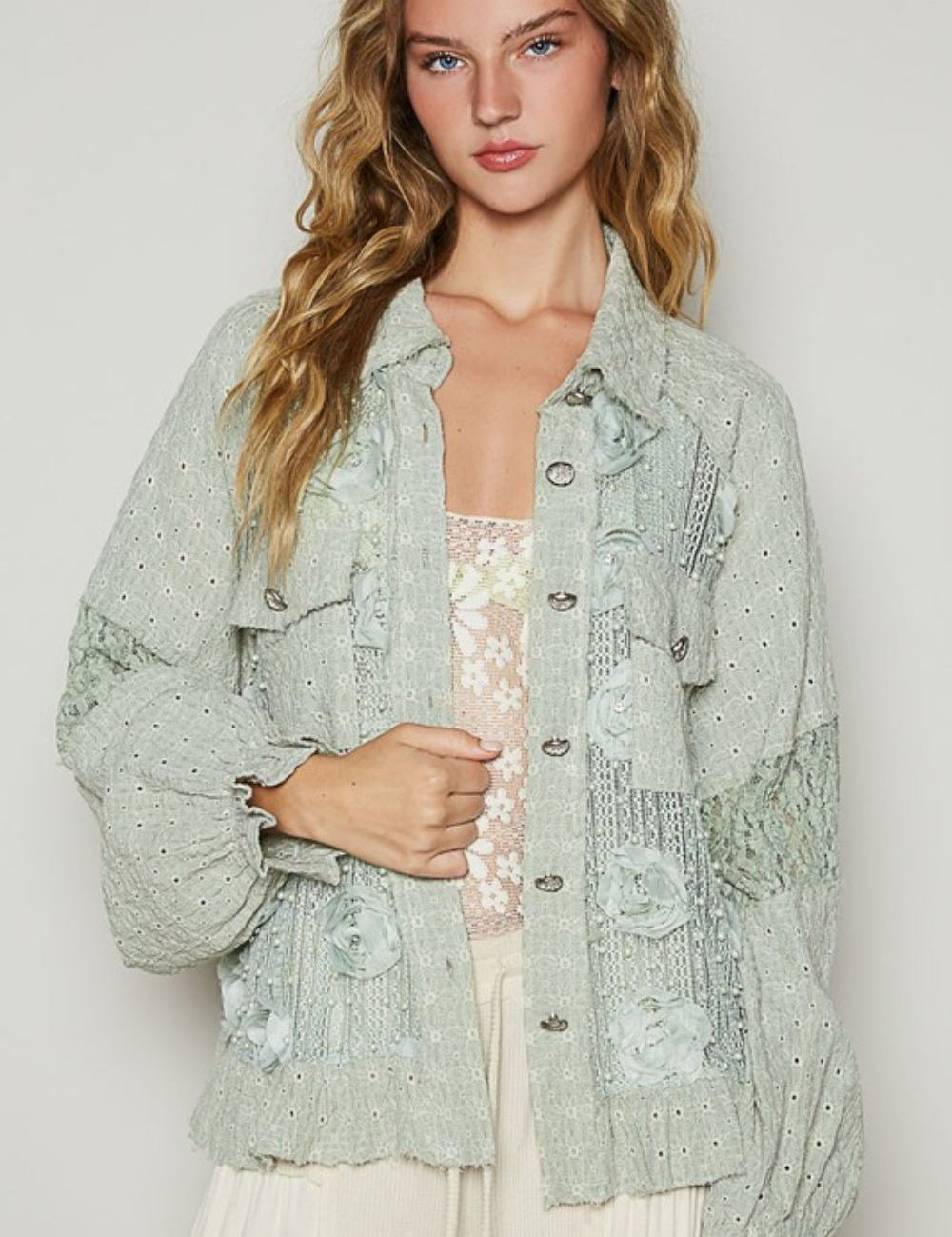 POL Eyelet Flower Pearl Detail Lace Patchwork Shirt SAGE