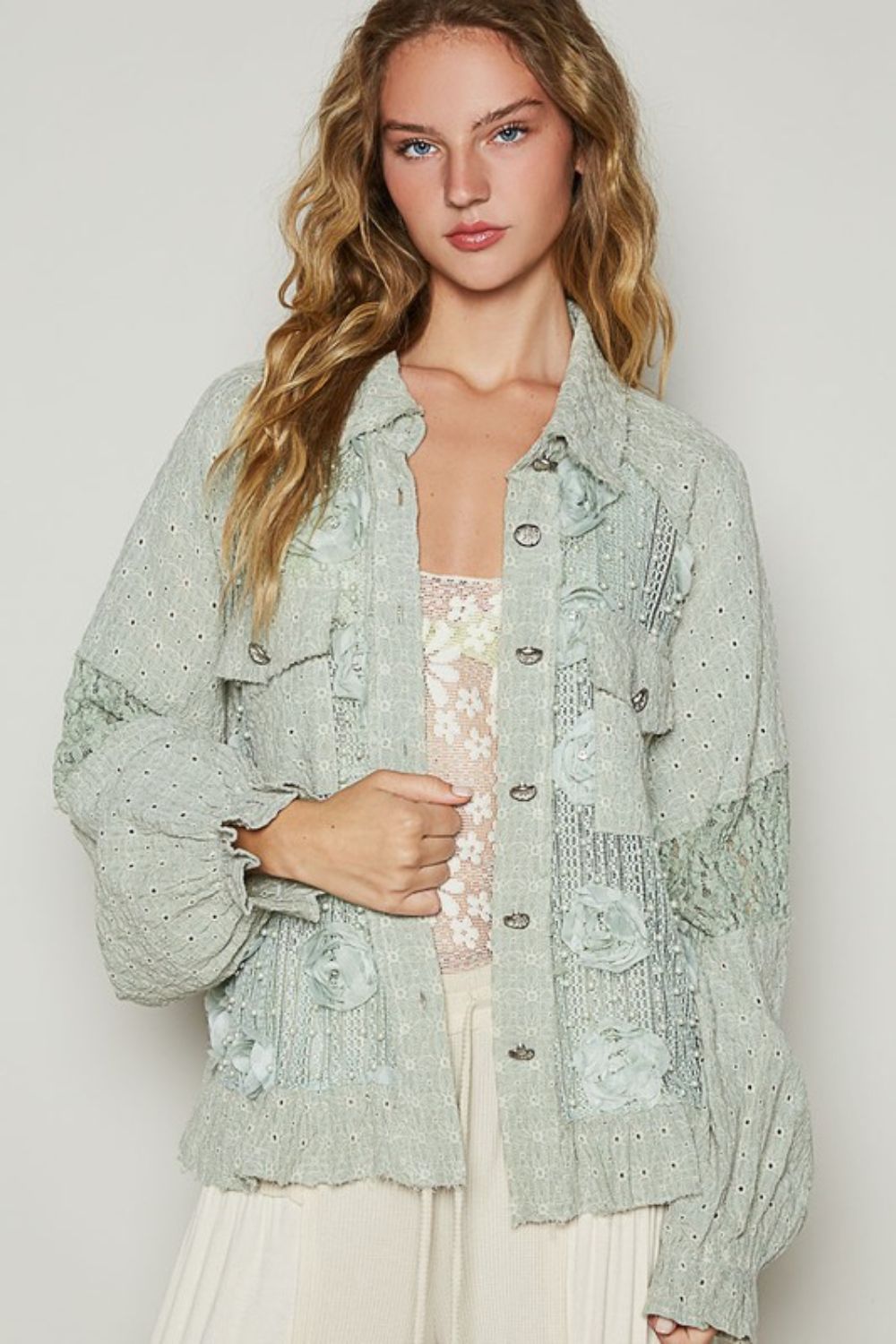 POL Eyelet Flower Pearl Detail Lace Patchwork Shirt SAGE