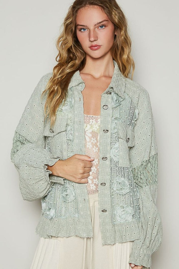 POL Eyelet Flower Pearl Detail Lace Patchwork Shirt SAGE