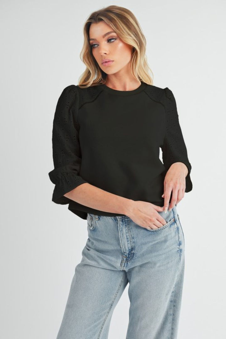 Aemi + Co Embroidered Eyelet Round Neck 3/4 Sleeve Blouse Black Blouses