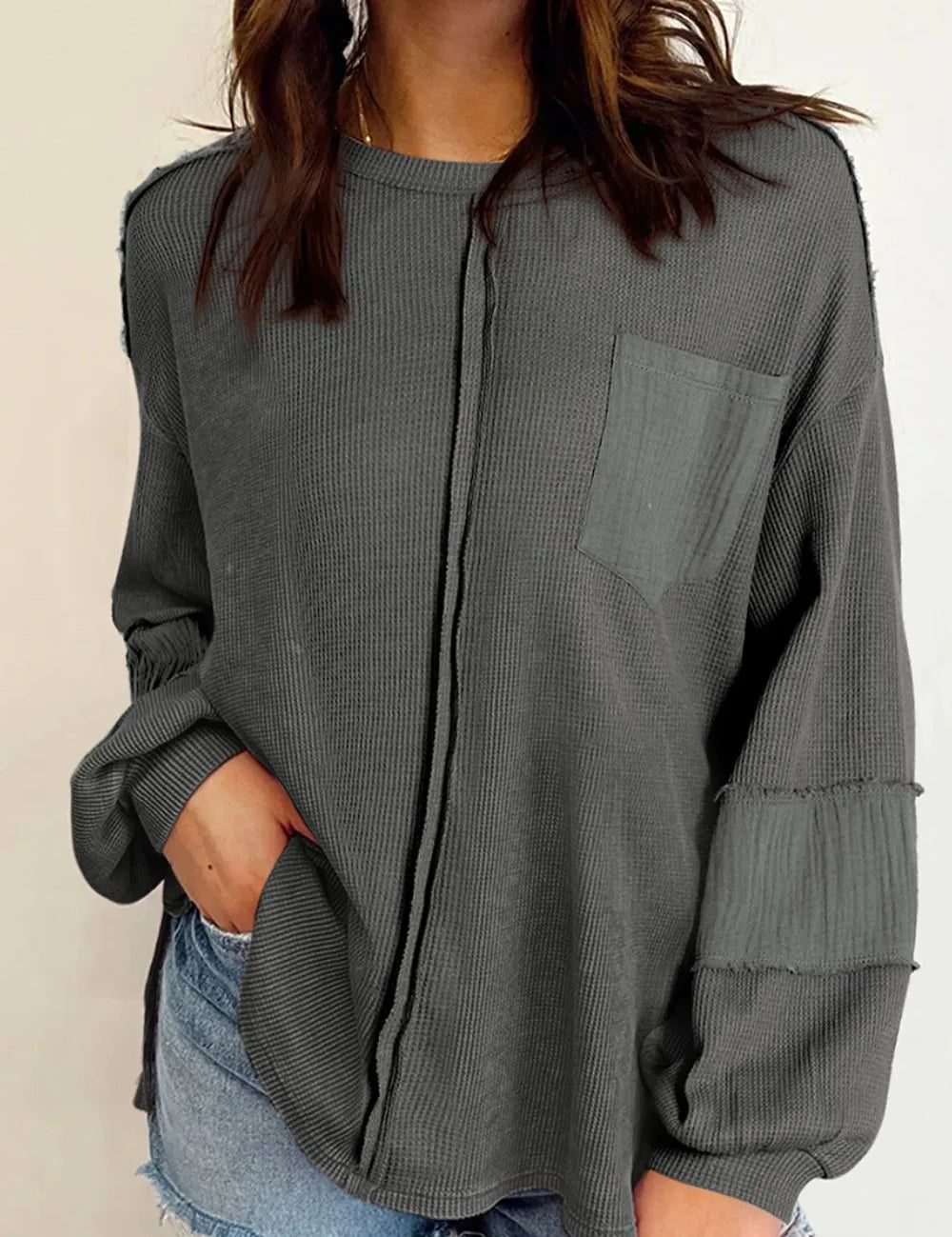 Dark Gray Exposed Seam Round Neck Long Sleeve Sweatshirt | Daverri Fashions