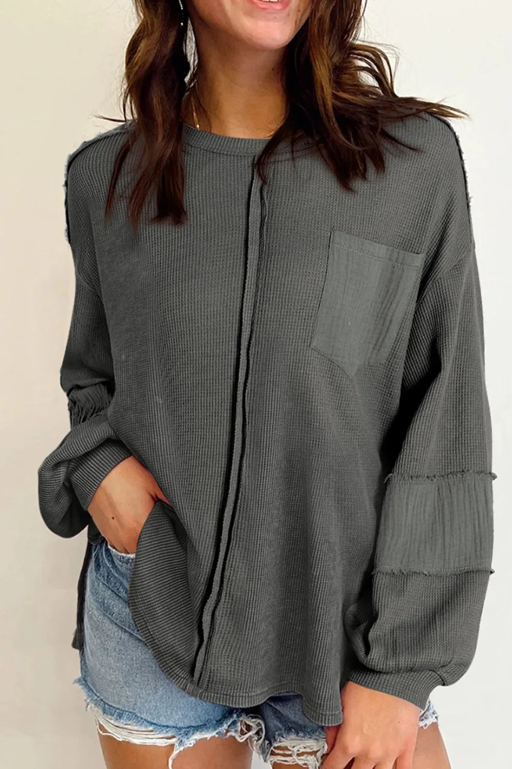 Dark Gray Exposed Seam Round Neck Long Sleeve Sweatshirt | Daverri Fashions